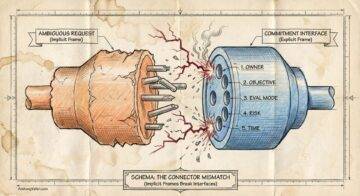 A diagram shows an orange, broken plug labeled “Ambiguous Request (Implicit Frame)” failing to connect with a blue socket labeled “Commitment Interface (Explicit Frame)” listing: Owner, Objective, Eval Mode, Risk, Time. Sparks burst between mismatched connectors.
