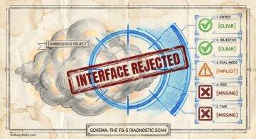A technical diagram features a smoky, ambiguous object at the center, partially framed by a blue circular interface. A red “INTERFACE REJECTED” stamp overlays it. Right side lists five criteria with check or warning icons; two are marked missing, blocking approval.