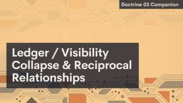 A digital graphic with a circuit board design in warm beige tones. A dark box in the center reads "Ledger / Visibility Collapse & Reciprocal Relationships." In the top right, a smaller box says "Doctrine 03 Companion.