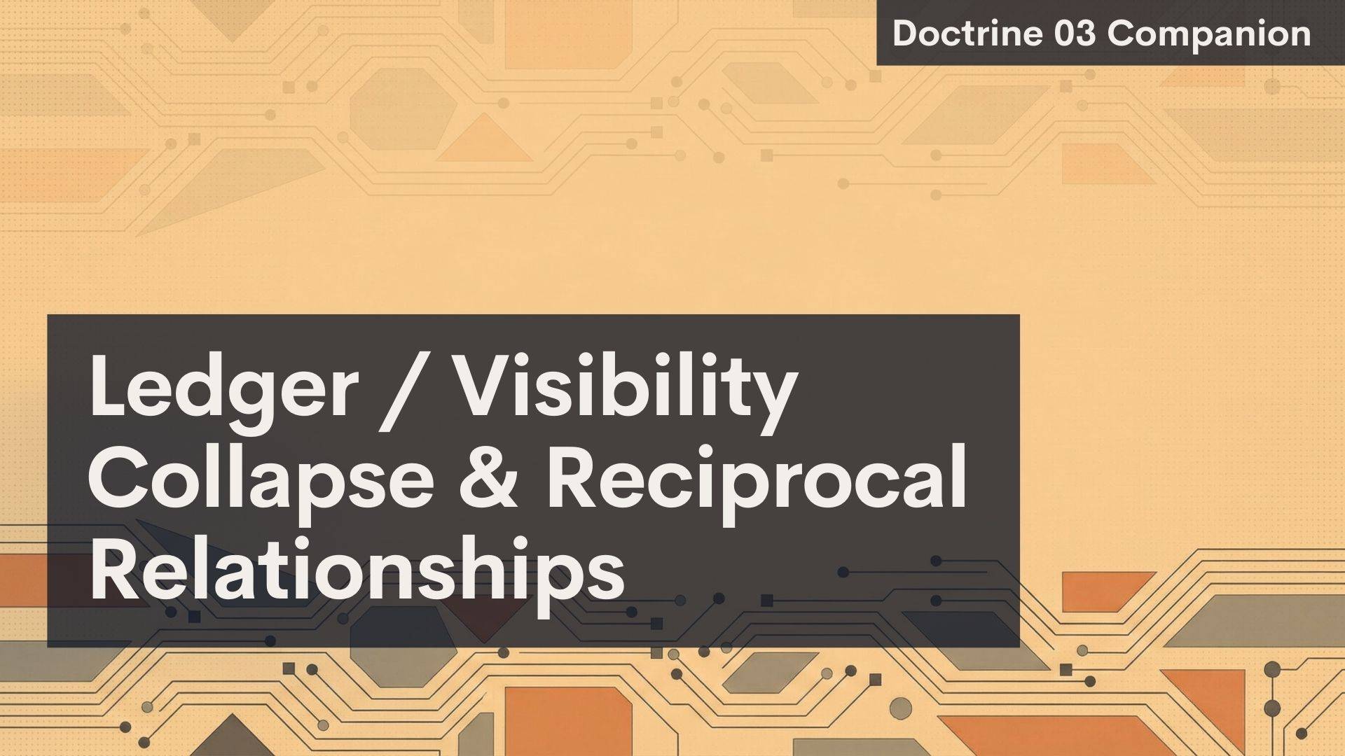 A digital graphic with a circuit board design in warm beige tones. A dark box in the center reads "Ledger / Visibility Collapse & Reciprocal Relationships." In the top right, a smaller box says "Doctrine 03 Companion.