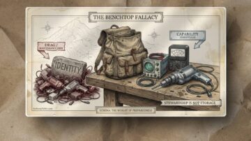 A detailed drawing shows a backpack on a wooden table, surrounded by tools on the left (drill, wrench, tape, camera) labeled “Capability,” and coiled rope with rocks on the right labeled “Drag/Identity.” A banner below reads “Schema: The Weight of Preparedness.”.