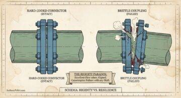A diagram shows two pipe connections: the left has intact, aligned hard-coded connectors; the right has a failed, misaligned brittle coupling with cracks and leaks. Center text: "The Rigidity Paradox: Excellent Flow when Aligned, Catastrophic Failure with any Shift.