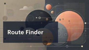 Abstract geometric illustration with circles, lines, and dots in soft beige, peach, and dark gray tones. Large, semi-transparent shapes overlap. The text "Route Finder" appears in bold white font on a dark translucent banner across the lower left.