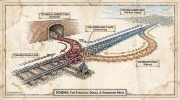 A vintage-style diagram shows train tracks splitting: one track labeled “Technical Correction” leads into a tunnel, another, “System Condition,” continues straight, while a third, “Expansion Move,” curves aside. Arrows and labels indicate paths for conversation flow and derailment.