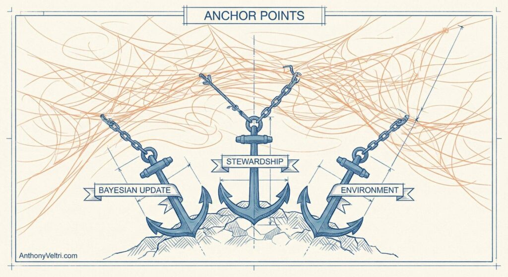 Three large anchors sit on rocky ground. Each anchor has a banner: “BAYESIAN UPDATE” (left), “STEWARDSHIP” (center), and “ENVIRONMENT” (right). Orange swirling lines float above, and the image is labeled “ANCHOR POINTS” at the top.