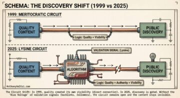 An infographic compares digital content discovery in 1999 and 2025. In 1999, quality content directly leads to public discovery. In 2025, an algorithm with validation signals (like backlinks, followers) controls discovery, so quality alone is not enough for visibility.