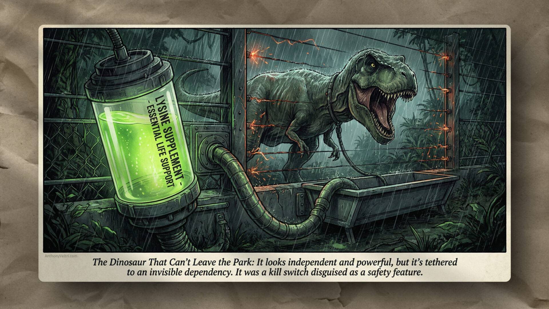 A menacing T. rex paces in an electrified cage, eyeing a canister marked "Tissue Supplement—Essential Life Support" connected by tubes. The scene is cast in green light, suggesting the dinosaur's life depends on the machine outside the enclosure.