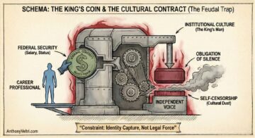 A career professional feeds a coin labeled “Social Contract” into a large, industrial machine. The machine, producing smoke, processes the coin and outputs institutional culture, obligation of silence, and self-censorship, while suppressing an independent voice.