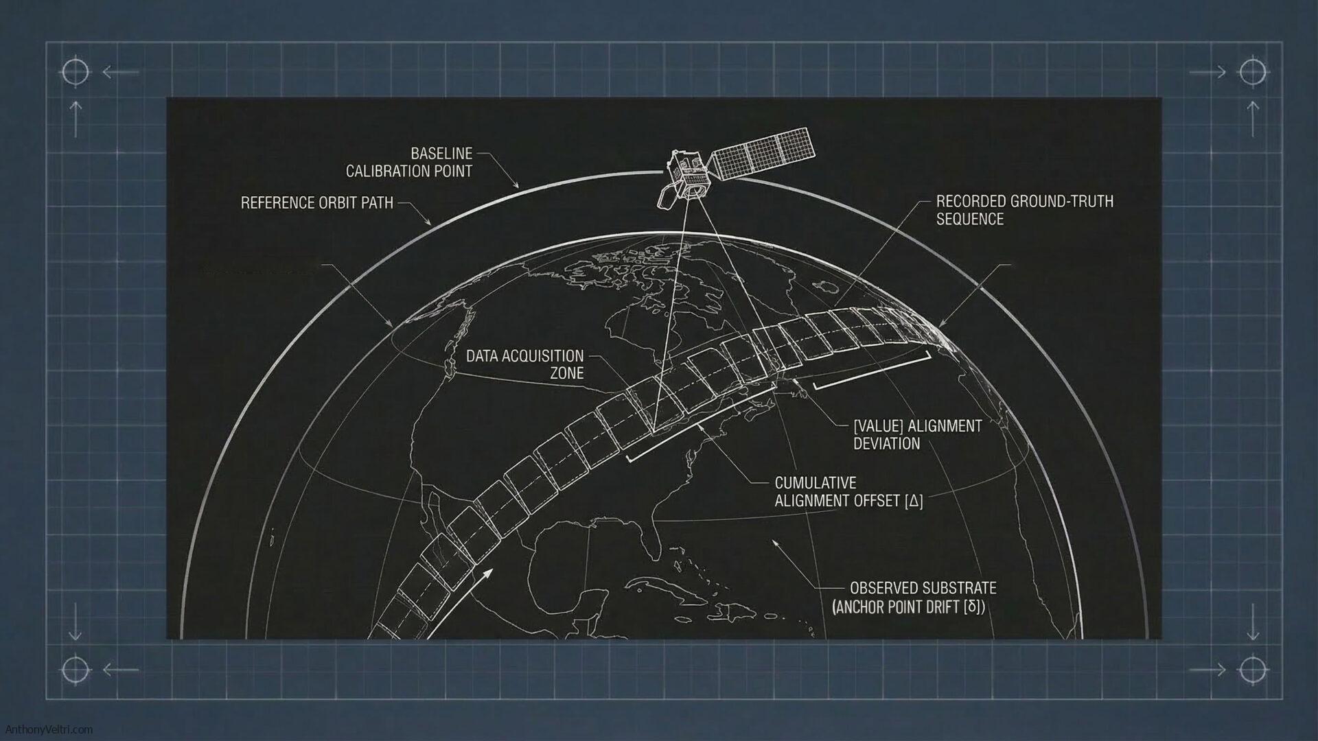 Satellite earth observation diagram showing orbital path, data acquisition swath, baseline calibration point, and anchor point drift indicators over a globe displaying North and South America. Technical series illustration for Ground Truth, Federation, and the Anchor Point. Each piece in this series addresses one failure mode in the chain between observation and truth. Together they make a single argument: anchor point integrity is a governance problem as much as a technical one.