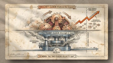 A vintage-style diagram shows gears labeled "RATCHET CLOCK" above a press labeled "CONSTRAINT CLOCK." An orange arrow rises right, showing "IRREVERSIBLE FORWARD MOTION," while smoke and technical labels represent institutional brakes and oversight.