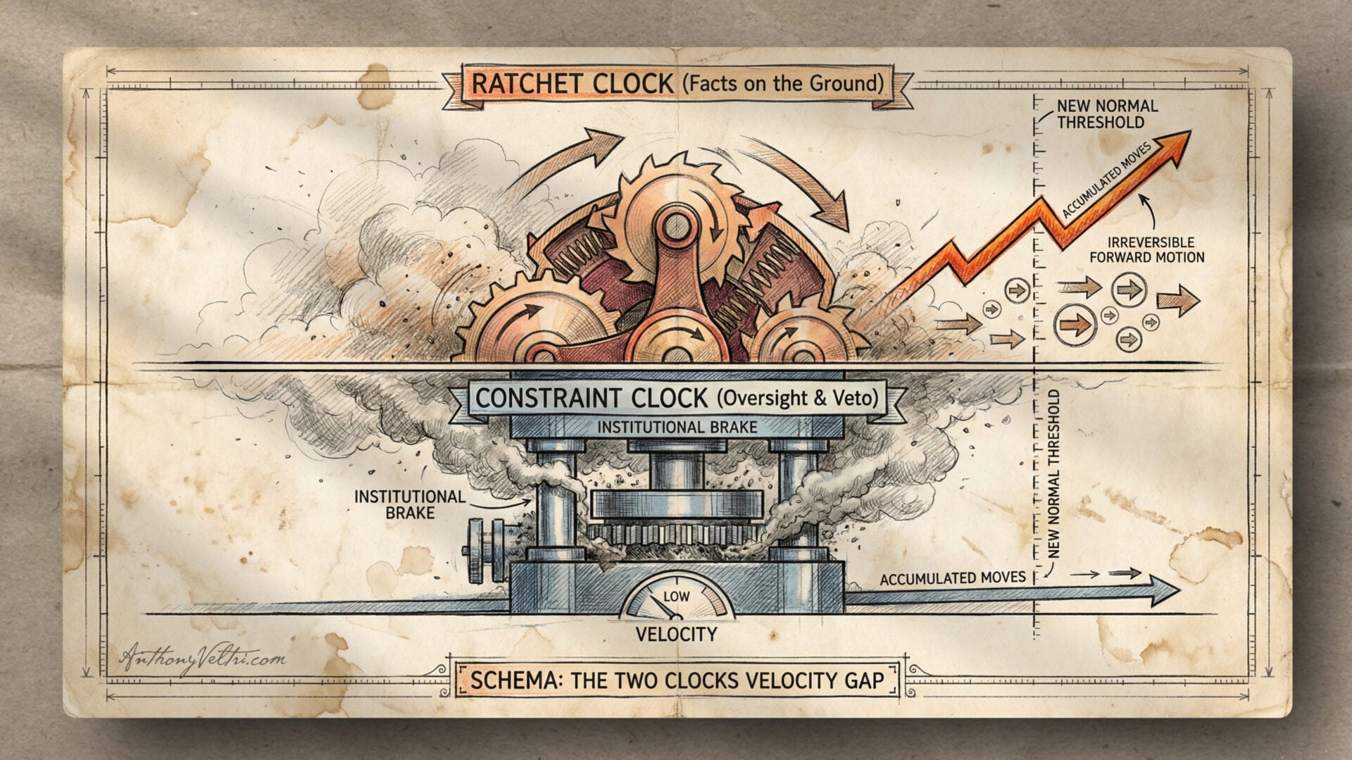 A vintage-style diagram shows gears labeled "RATCHET CLOCK" above a press labeled "CONSTRAINT CLOCK." An orange arrow rises right, showing "IRREVERSIBLE FORWARD MOTION," while smoke and technical labels represent institutional brakes and oversight.