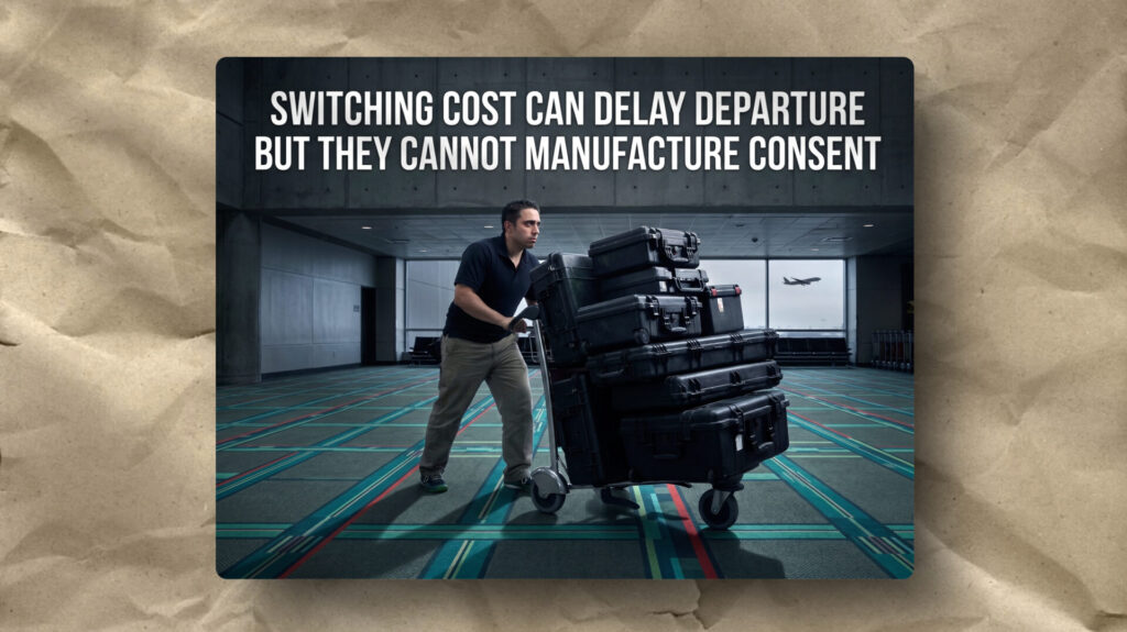 A man pushes a cart loaded with large black luggage in an empty airport terminal. An airplane is visible outside the window. Text above reads: "Switching cost can delay departure but they cannot manufacture consent.