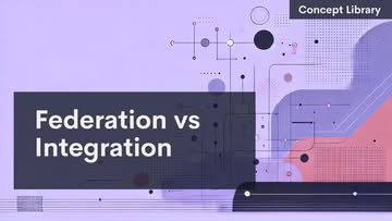 A digital graphic with abstract geometric shapes and lines on a purple background. Large dark rectangles contain white text: "Federation vs Integration." In the upper right corner is a small dark box with the words "Concept Library.