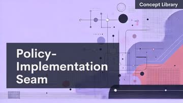 Abstract digital background with geometric shapes and circuit-like lines. A dark overlay on the left reads “Policy-Implementation Seam” in bold white text. Top right corner has a label: “Concept Library.” The color scheme is purple, black, and red.