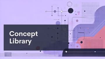 A graphic with the text "Concepts Library" in bold white letters on a dark translucent rectangle, overlaid on an abstract background featuring geometric shapes, lines, dots, and soft pink, purple, and gray tones.