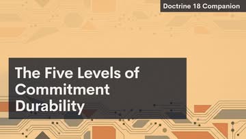 A graphic with a tan, orange, and brown geometric circuit pattern. A dark box reads "The Five Levels of Commitment Durability." In the top right corner, a smaller box says "Doctrine 18 Companion." The background has a tech-inspired design.