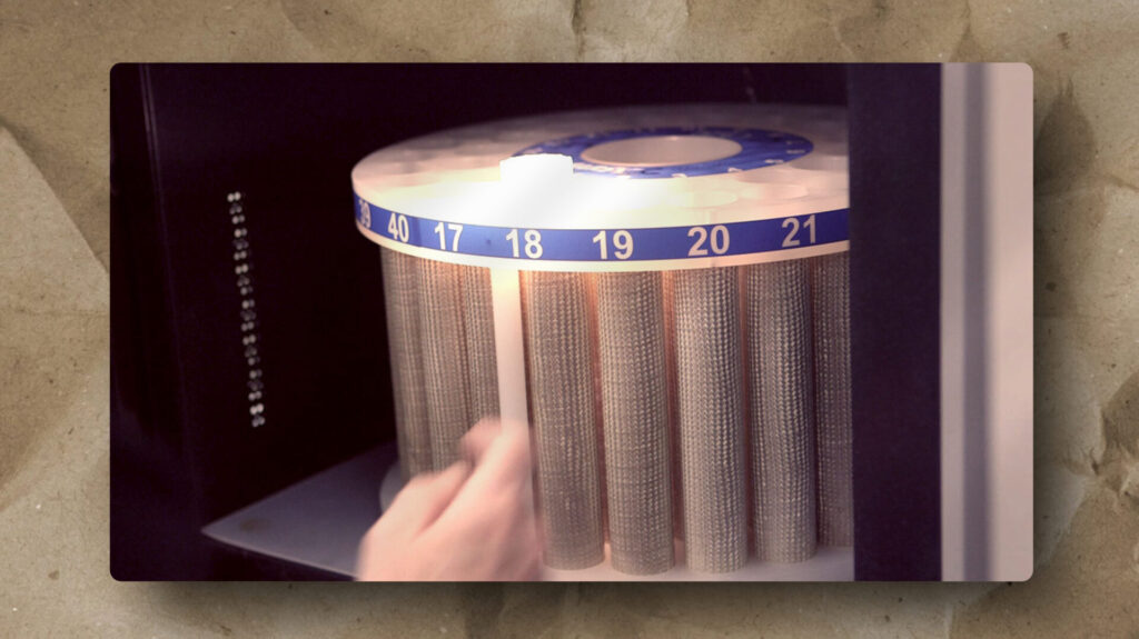 A close-up of a hand inserting or removing a rectangular card from a vintage cylindrical storage device with numbered slots from 17 to 21, each holding a metal mesh tube. The background shows a textured brown surface.