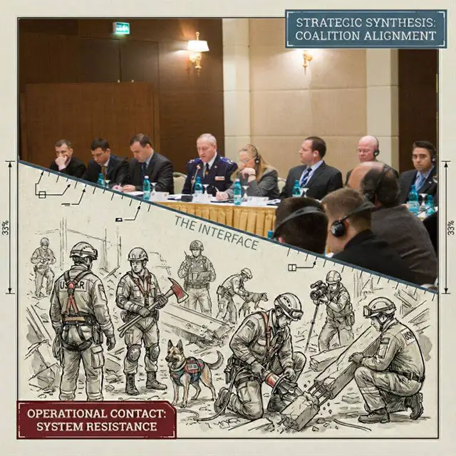 Visual concept graphic contrasting strategic coalition alignment at a conference table with operational responders managing system resistance in the field.