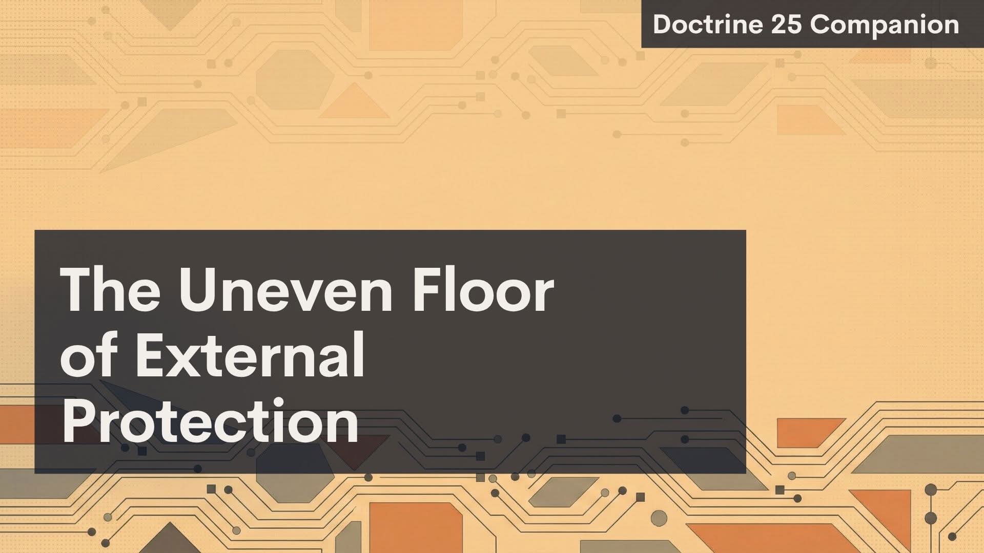 A digital graphic with a tan and orange circuit-board pattern. In a dark box, white text reads "The Uneven Floor of External Protection." Small text at the top right says "Doctrine 25 Companion." The design has a tech-inspired, geometric feel.