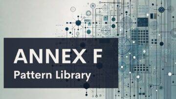 ANNEX F Pattern Library" text over a background of interconnected geometric lines, circles, and digital patterns resembling a circuit or network schematic.