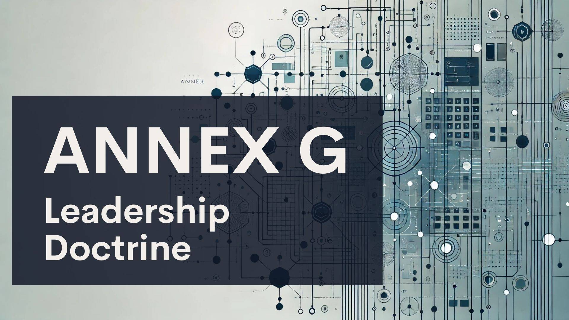 Dark box with large white text โANNEX Gโ and smaller text โLeadership Doctrineโ overlays a complex blue and gray technical, circuit-like abstract background design.