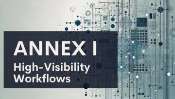 A digital graphic with the title "ANNEX I High-Visibility Workflows" in bold text, overlaid on a background of abstract, interconnected lines and circles resembling a technical or technological schematic.