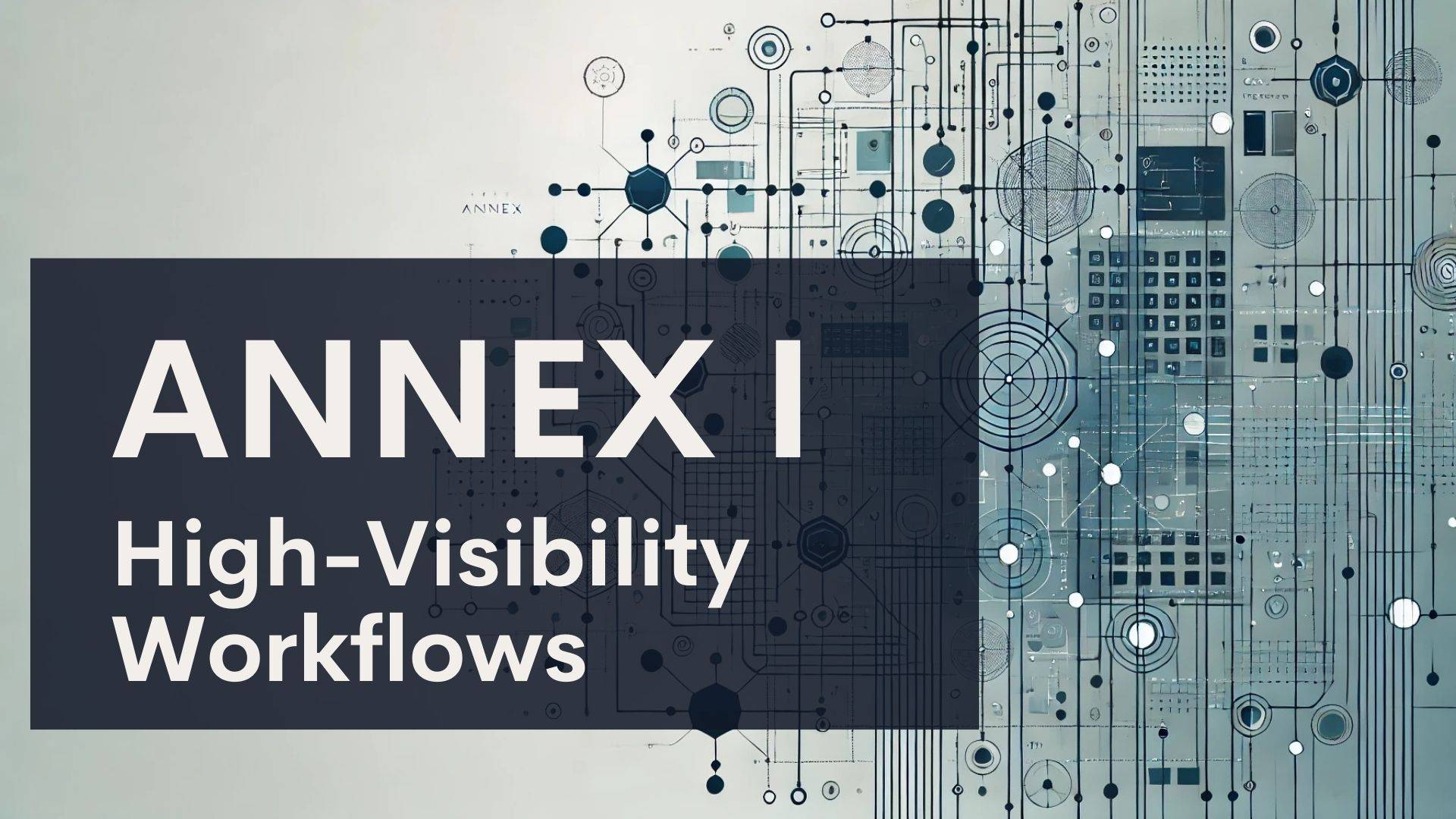 A digital graphic with the title "ANNEX I High-Visibility Workflows" in bold text, overlaid on a background of abstract, interconnected lines and circles resembling a technical or technological schematic.