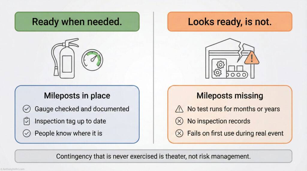 A comparison chart shows โReady when neededโ with checked fire extinguisher versus โLooks ready, is notโ with a broken extinguisher box. It highlights the importance of regular checks and documentation for emergency readiness.