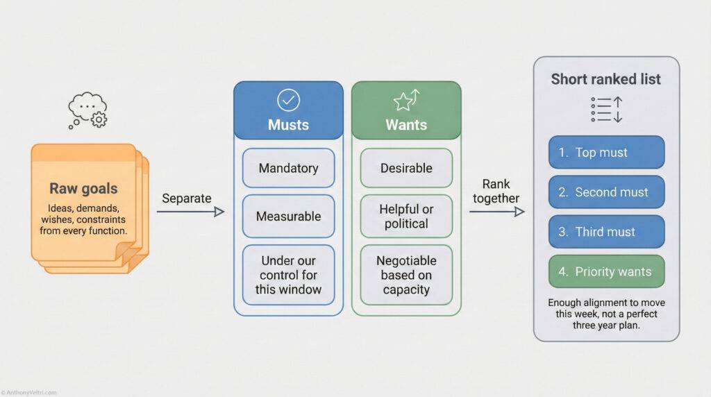 A flowchart shows how raw goals are separated into โMustsโ (mandatory, measurable, controllable) and โWantsโ (desirable, negotiable), then ranked to create a short prioritized list for action.