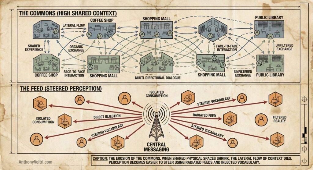 This diagram illustrates โThe Commonsโ as fostering shared experience, while โThe Feedโ suggests isolated, filtered engagement.