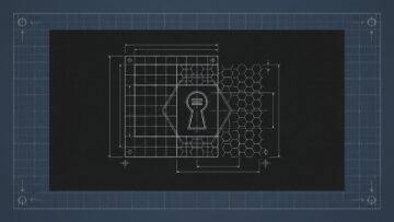 A technical blueprint features a keyhole symbol in a hexagon, overlaid with grid lines and honeycomb patterns, on a dark background. Precise measurement lines and blueprint markings surround the central design, suggesting themes of security and engineering.