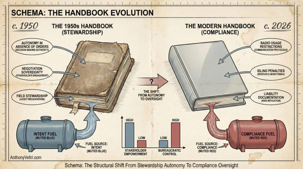 Illustration compares a worn 1950s handbook (Stewardship) and a pristine 2026 handbook (Compliance). Each book sits above a fuel tank: โIntent Fuelโ for stewardship and โCompliance Fuelโ for compliance. Various traits, graphs, and regulations are listed for each era.