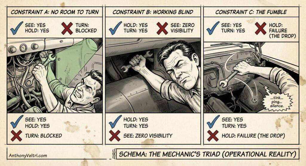 A three-panel comic shows a mechanic struggling with car repairs. Each panel lists constraints: no room to turn, working blind, and dropping a part, with checkboxes for 'see,' 'hold,' and 'yes/no.' The schematic illustrates the mechanic’s common frustrations.