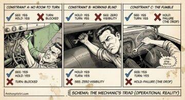 A three-panel comic shows a mechanic struggling with car repairs. Each panel lists constraints: no room to turn, working blind, and dropping a part, with checkboxes for 'see,' 'hold,' and 'yes/no.' The schematic illustrates the mechanic’s common frustrations.