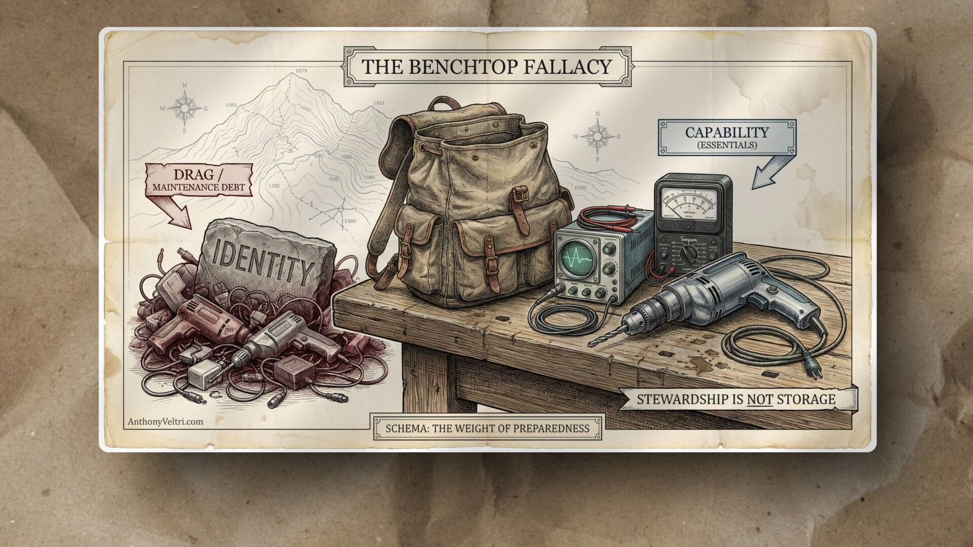 A detailed drawing shows a backpack on a wooden table, surrounded by tools on the left (drill, wrench, tape, camera) labeled โCapability,โ and coiled rope with rocks on the right labeled โDrag/Identity.โ A banner below reads โSchema: The Weight of Preparedness.โ.