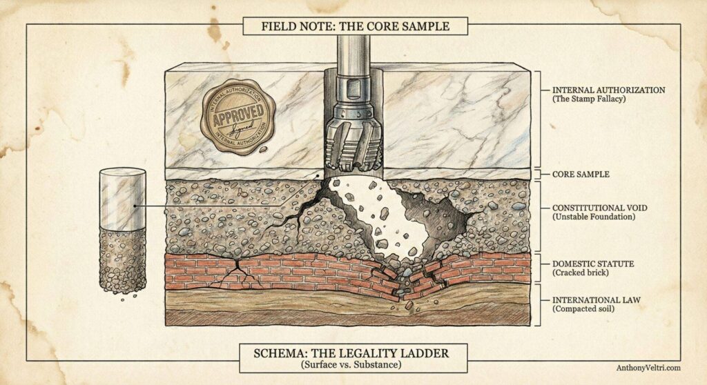 A labeled diagram shows a brick wall cross-section with layers: “Internal Authorization,” “Domestic Statute,” “Constitutional Constraint,” “International Law/Treaty,” and “Legitimacy.” A drill labeled “Test Bore” samples only the top, illustrating “The Stamp” Fallacy.