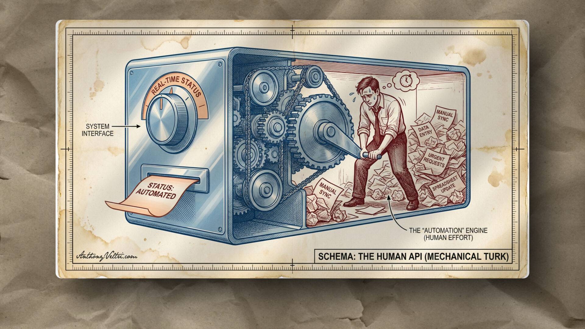 A cutaway illustration shows a man inside a machine, frantically sorting papers labeled with tasks like โtranscribeโ and โmoderate.โ Outside, a โreal-time statusโ gauge and a โstatus automatedโ panel give a false impression of full automation. The system is labeled โThe Human API (Mechanical Turk).โ.