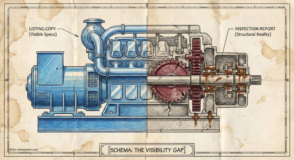 A technical drawing split in half shows a machine. The left side is clean and blue, labeled "LISTING COPY (Visible Specs)," while the right side, labeled "INSPECTION REPORT (Structural Reality)," reveals rust, wear, and internal damage. Text below reads "Schema: The Visibility Gap?.