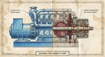 A technical drawing split in half shows a machine. The left side is clean and blue, labeled "LISTING COPY (Visible Specs)," while the right side, labeled "INSPECTION REPORT (Structural Reality)," reveals rust, wear, and internal damage. Text below reads "Schema: The Visibility Gap?.