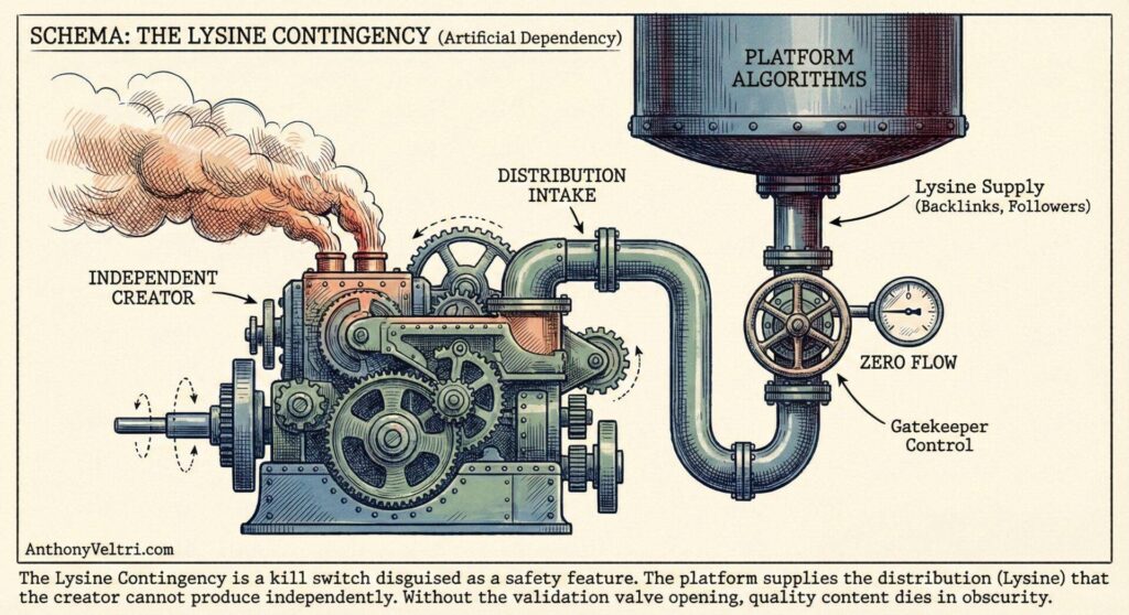 A detailed diagram shows a steampunk machine labeled โIndependent Creatorโ connected by pipes to a large tank labeled โPlatform Algorithms.โ A valve labeled โGatekeeper Controlโ restricts the โLysine Supply,โ symbolizing creator dependence on platforms.