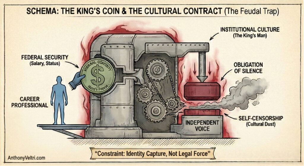 A career professional feeds a coin labeled โSocial Contractโ into a large, industrial machine. The machine, producing smoke, processes the coin and outputs institutional culture, obligation of silence, and self-censorship, while suppressing an independent voice.