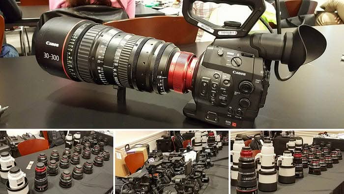 A large professional Canon video camera with a 30โ300mm zoom lens is on a table. Below, three smaller images show many camera lenses and camera bodies arranged in rows on tables, suggesting a photography or videography setup or workshop.