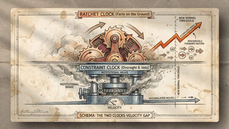 A vintage-style diagram shows gears labeled "RATCHET CLOCK" above a press labeled "CONSTRAINT CLOCK." An orange arrow rises right, showing "IRREVERSIBLE FORWARD MOTION," while smoke and technical labels represent institutional brakes and oversight.