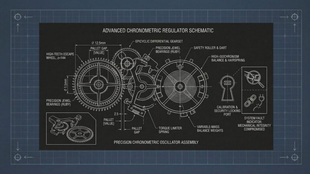 A technical schematic shows mechanical watch components, including gears, balance wheel, pallet fork, and escapement. White diagrams and labels on a black background detail parts like the high-tooth escape wheel, torque limiter spring, and calibration settings.
