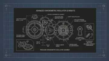 A technical schematic shows mechanical watch components, including gears, balance wheel, pallet fork, and escapement. White diagrams and labels on a black background detail parts like the high-tooth escape wheel, torque limiter spring, and calibration settings.